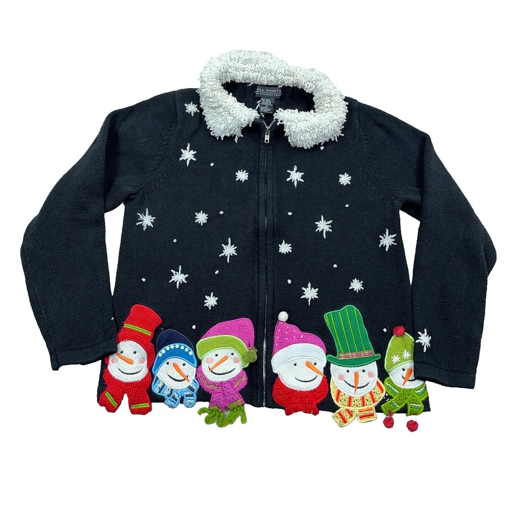 Christmas Cardigan Sweater Women Medium Black Winter Snowman Snowflakes